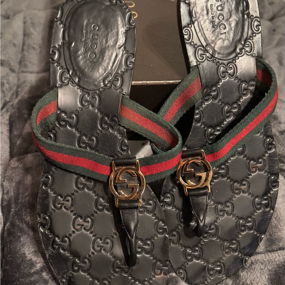 Gucci Black Sandals with Red and Green Straps